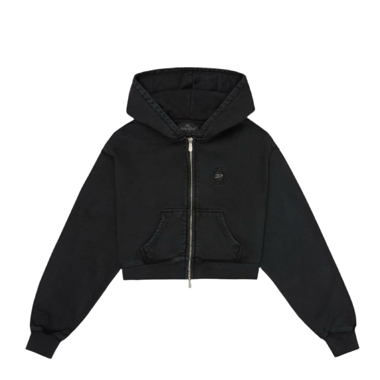 BROKEN PLANET MARKET CROPPED ZIP-UP HOODIE (SOOT BLACK)