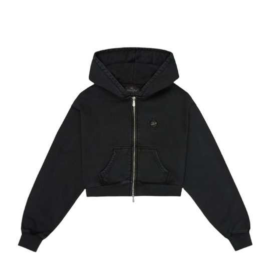 BROKEN PLANET MARKET CROPPED ZIP-UP HOODIE (SOOT BLACK)