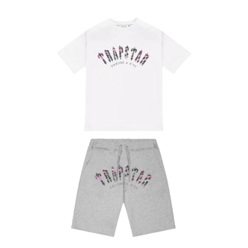 TRAPSTAR CHENILLE ARCH IT'S A SECRET SHORTS SET (GREY/WHITE/PINK)